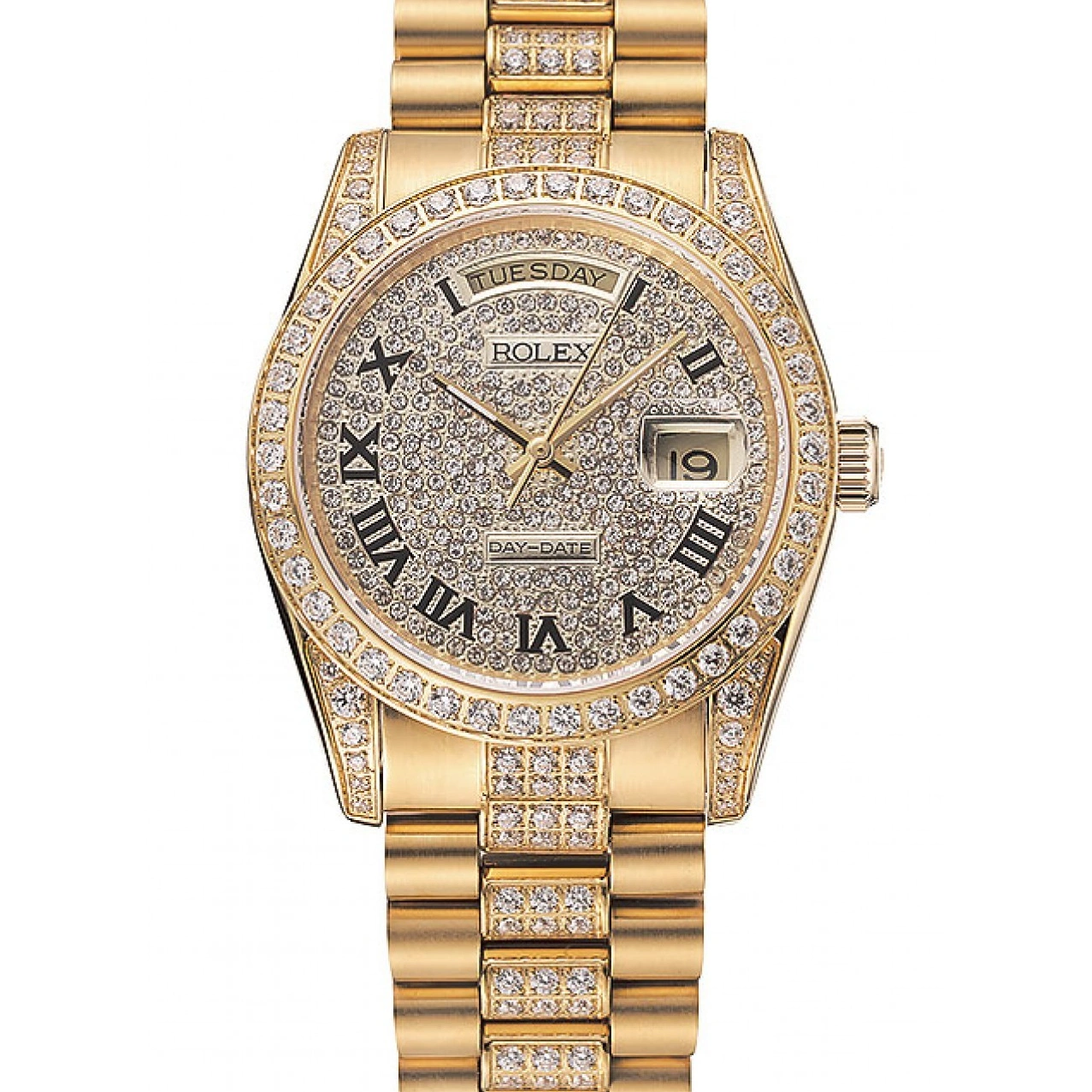 AAA Replica Watches Day-Date Swiss Bracelet Gold Rolex Pave Dial 1453956 Diamond Diamond 1014